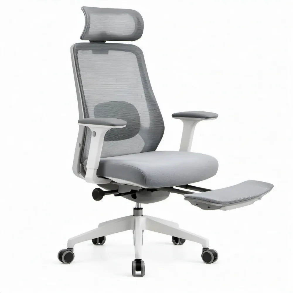 Ergonomische bureaustoel met hoofdsteun, uitschuifbare voetensteun en lendensteun, grijs/wit/zwart, 66 x 66 x 118-128 cm