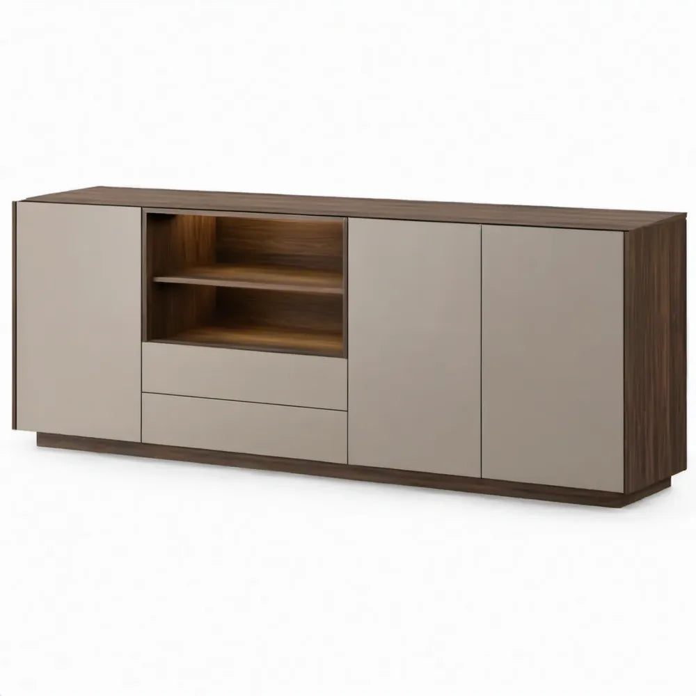 Dressoir met 3 deuren, 2 lades en open vak, 180 x 40 x 75 cm, taupe en walnootbruin
