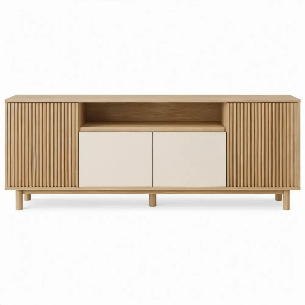 Dressoir met geribbelde schuifdeuren en draaideuren, 180 x 40 x 75 cm, naturel eiken en wit