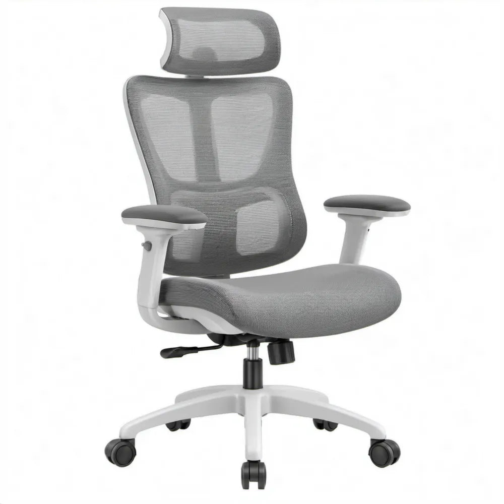 Ergonomische draaistoel met hoofdsteun, grijs/wit/zwart, 64 x 64 x 118-128 cm