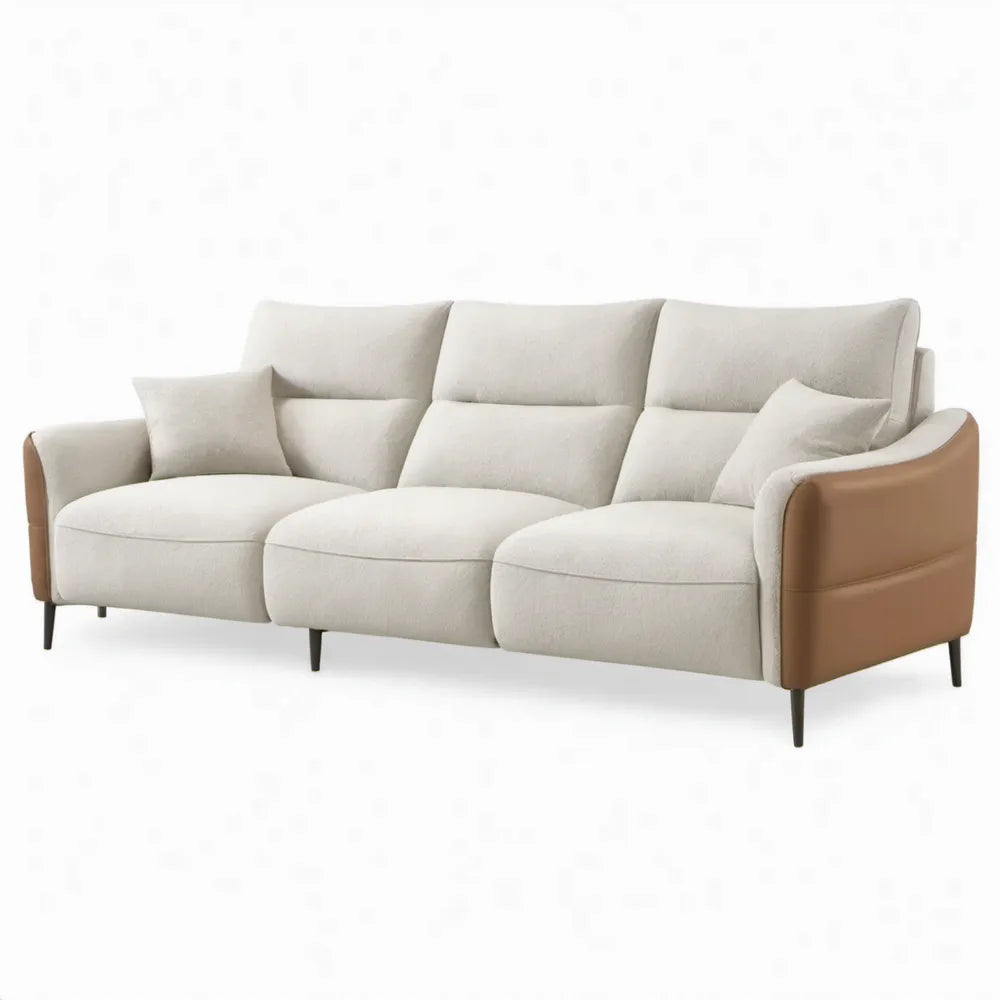 3-zitsbank 220 x 92 x 88 cm in crèmewit en cognac met polyester en PU-kunstleer