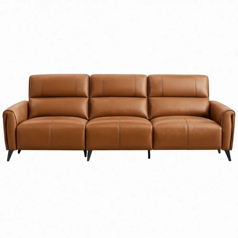 3-zitsbank van cognacbruin PU-kunstleer met zwarte stalen poten, 210 x 90 x 88 cm