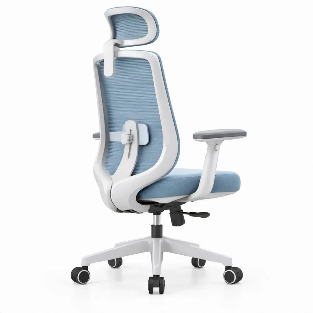 Ergonomische bureaustoel met verstelbare hoofdsteun en lendensteun, lichtblauw/wit/zwart, 66 x 66 x 118-128 cm