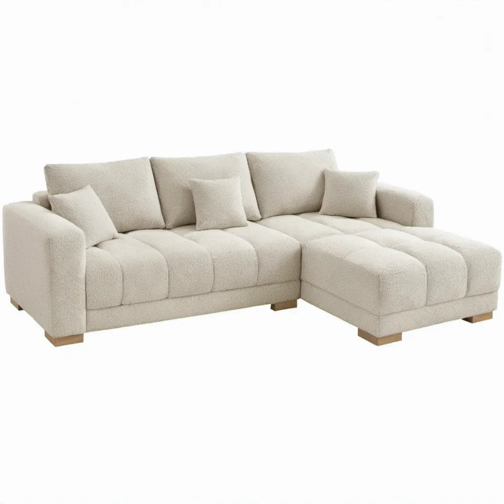 Crèmekleurige bouclé hoekbank met rechter chaise longue, 270 x 170 x 85 cm