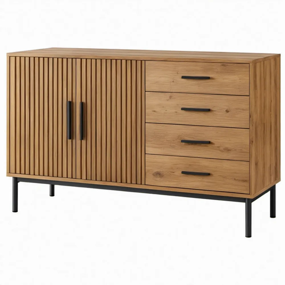 Dressoirkast met 2 deuren en 4 lades, 160 x 40 x 85 cm, naturel eikenfineer en zwart staal