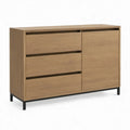 Dressoir met 3 lades en 1 deur, 120 x 40 x 90 cm, naturel eikenfineer met zwart stalen poten