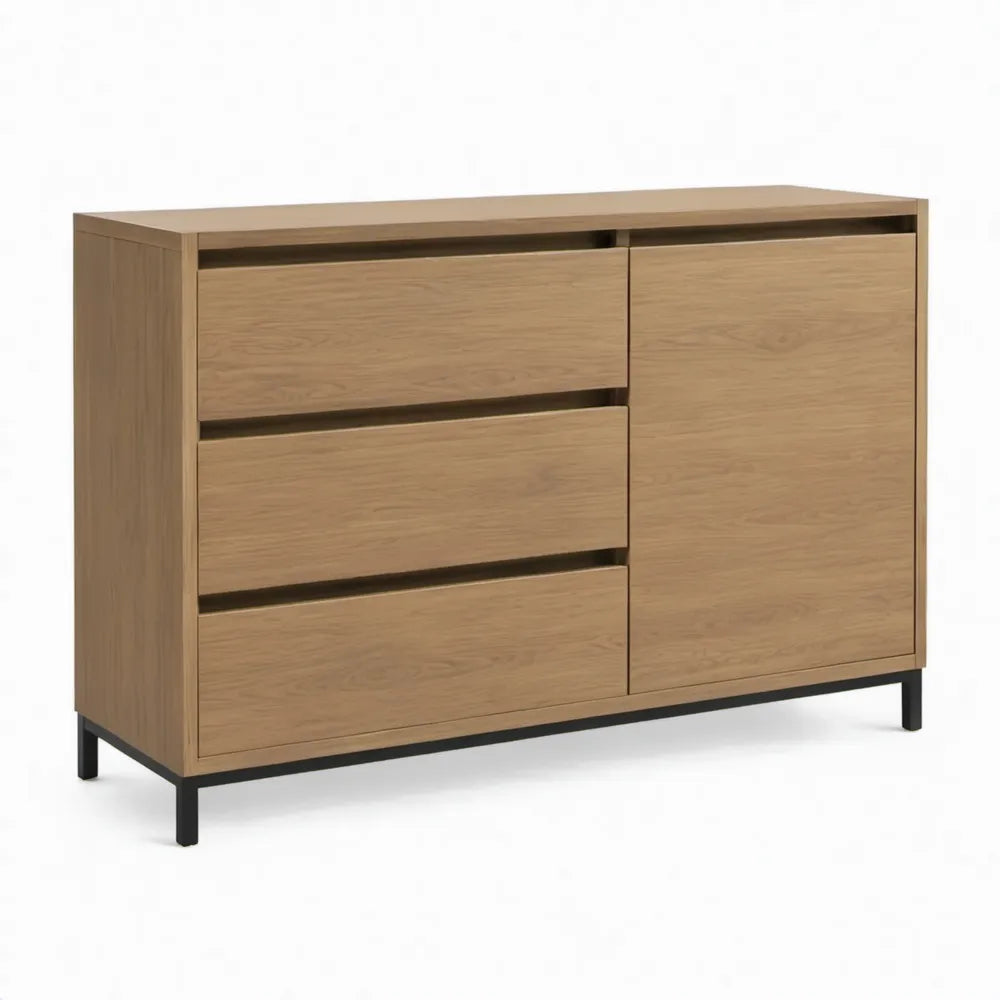 Dressoir met 3 lades en 1 deur, 120 x 40 x 90 cm, naturel eikenfineer met zwart stalen poten