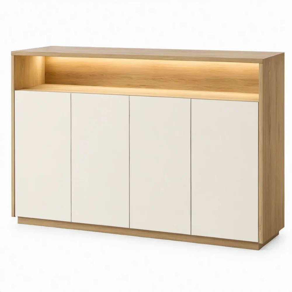 Dressoirkast met 4 deuren, verlicht open vak, 160 x 40 x 100 cm, wit en eikenkleurig