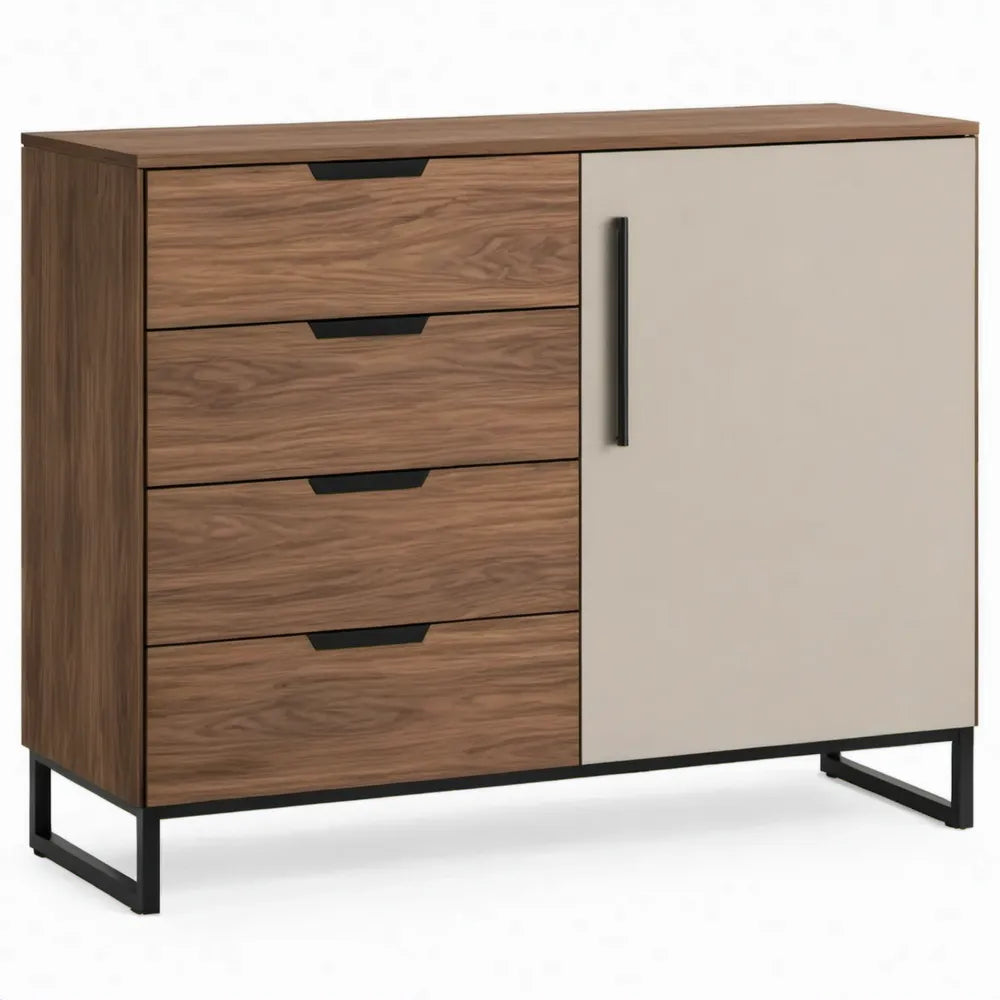 Walnootbruine en beige kast met 4 laden en 1 deur, 90 x 40 x 100 cm