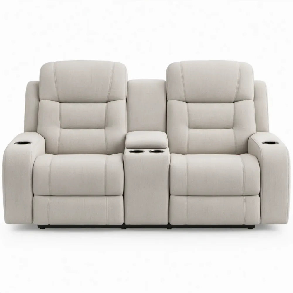 Crèmekleurige 2-zits relaxbank met middenconsole en bekerhouders, 170 x 95 x 102 cm