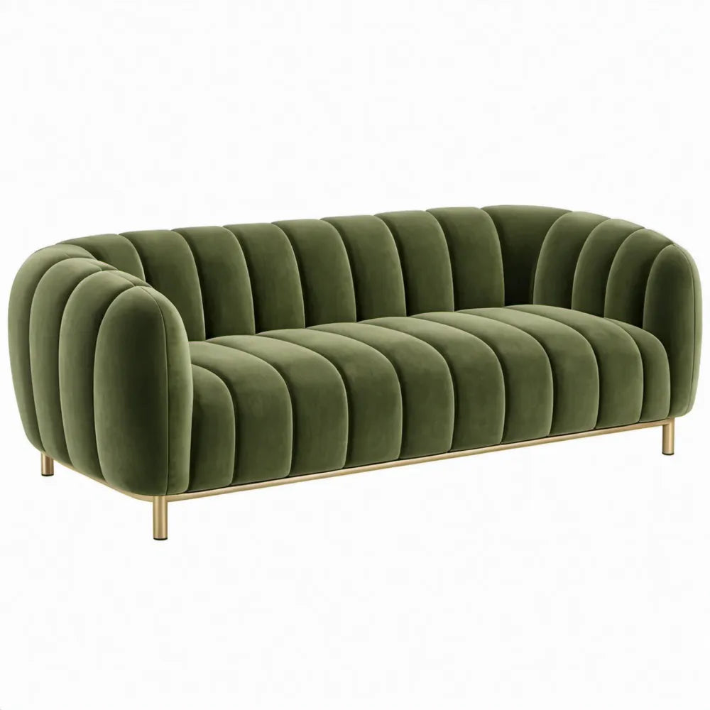 2-zitsbank van olijfgroen polyesterfluweel met goudkleurige stalen poten, 160 x 85 x 78 cm