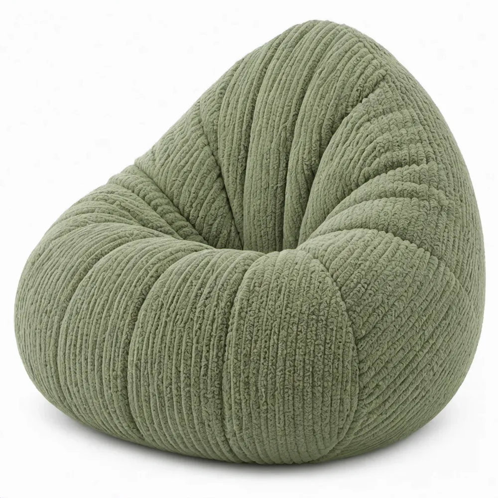 Peervormige zitzak van groen polyester ribfluweel, 90 x 90 x 80 cm