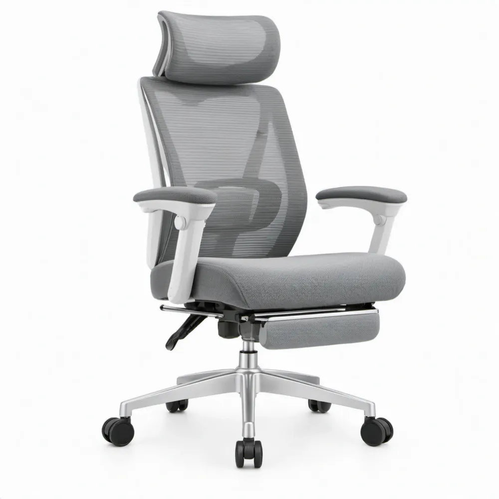 Ergonomische bureaustoel met verstelbare hoofdsteun en lendensteun, grijs/zilver, 66 x 66 x 116-126 cm