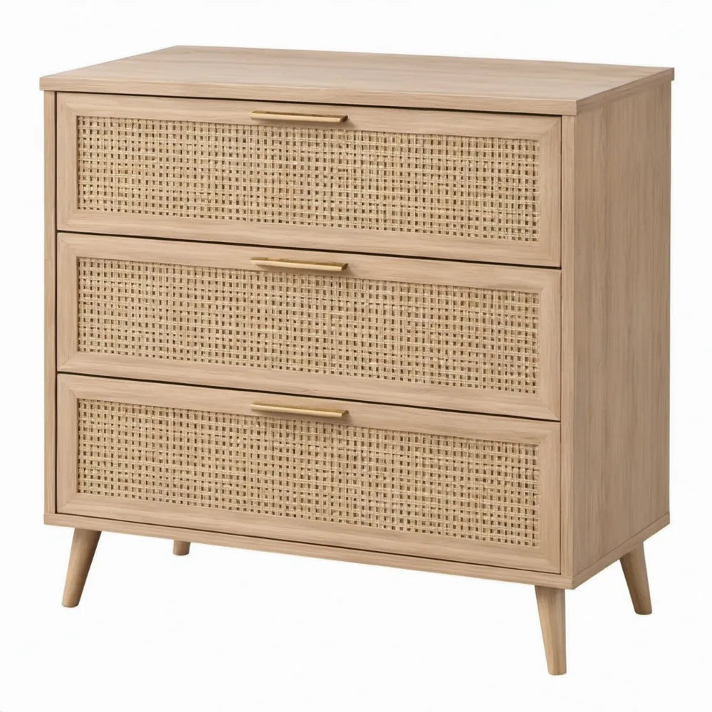 Ladekast met 3 laden, rotan fronten en eikenfineer, 80 x 40 x 90 cm - Naturel eiken