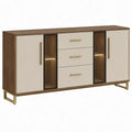 Dressoir 180 x 40 x 90 cm met 2 deuren, 3 lades en ledverlichting – Walnootbruin/Crème/Zwart/Goudkleurig