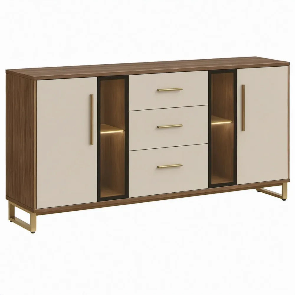 Dressoir 180 x 40 x 90 cm met 2 deuren, 3 lades en ledverlichting – Walnootbruin/Crème/Zwart/Goudkleurig