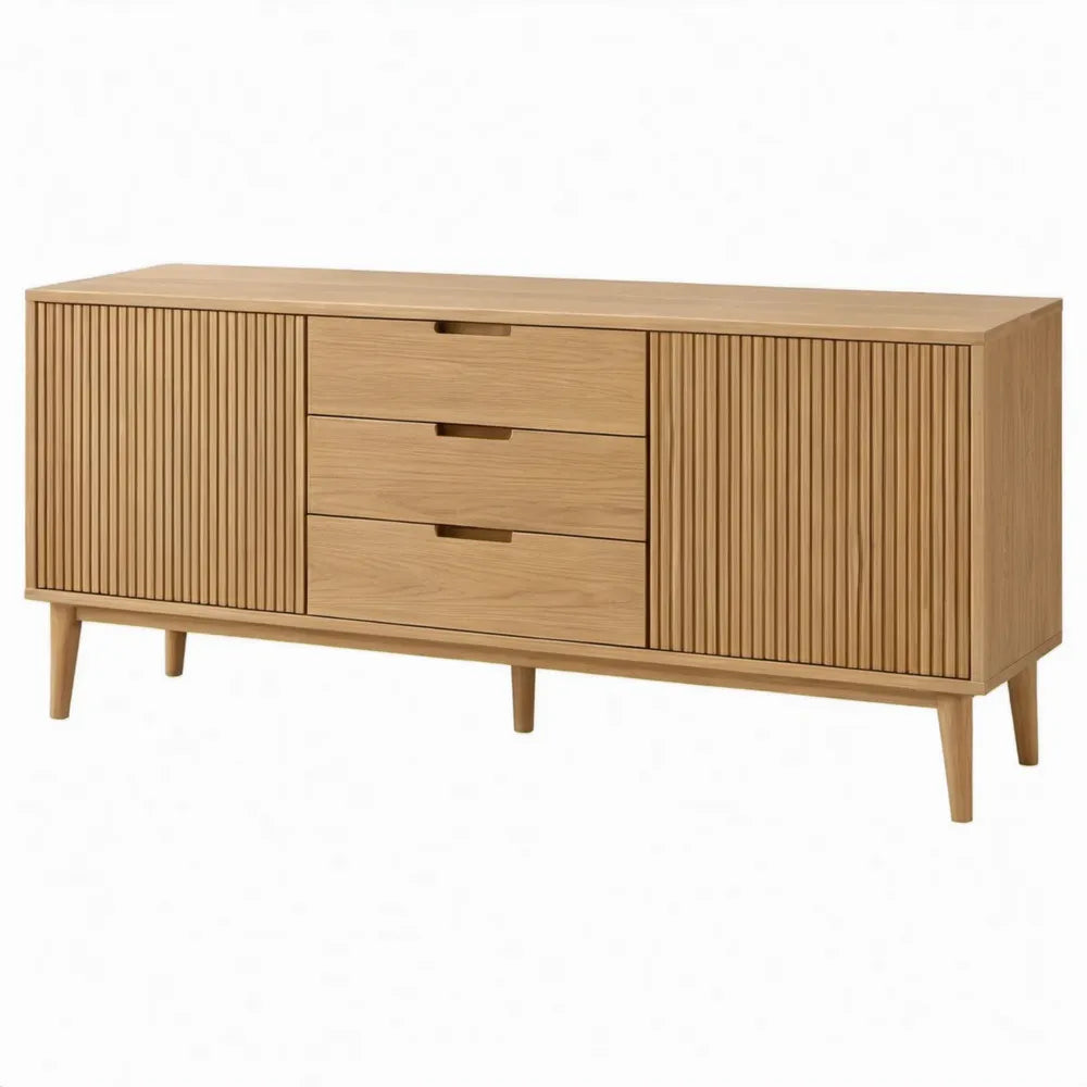 Dressoir met 3 laden en 2 geribbelde deuren, naturel eiken, 180 x 40 x 80 cm