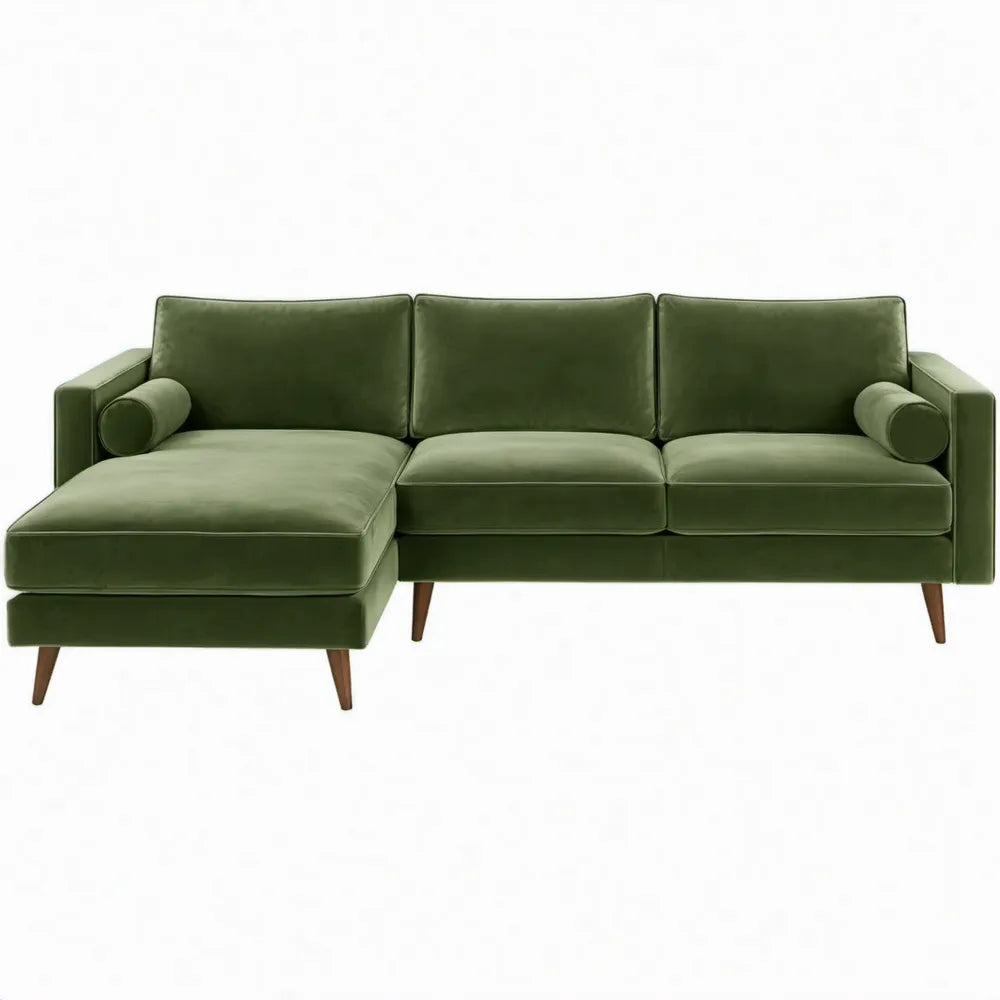 L-vormige zitcombinatie met chaise longue links, 3 zitplaatsen, 230 x 150 x 85 cm, olijfgroen fluweel
