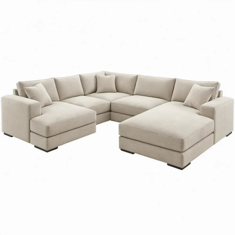 Beige U-vormige 7-zitsbank met dubbele chaise longue, 360 x 220 x 85 cm