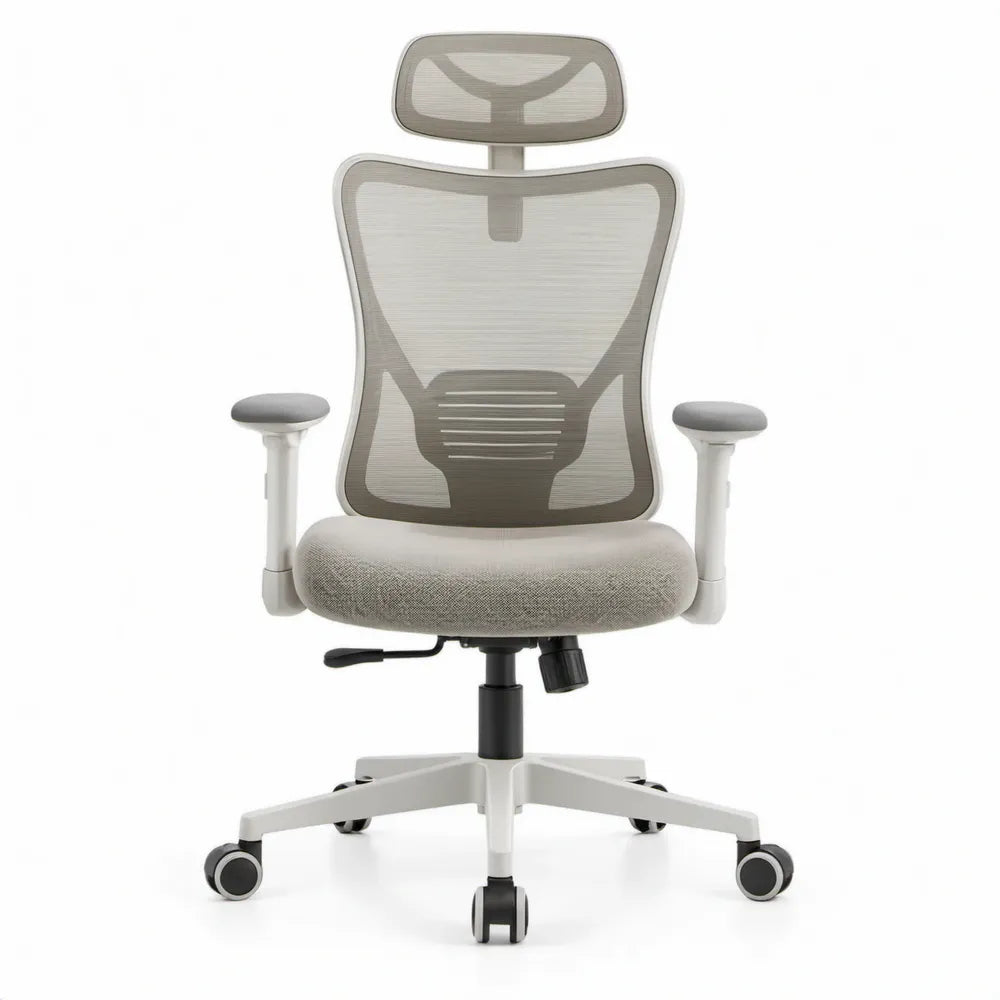 Ergonomische bureaustoel met hoofdsteun, verstelbare armleuningen en lendensteun, lichtgrijs/grijs/zwart, 66 x 66 x 118-128 cm