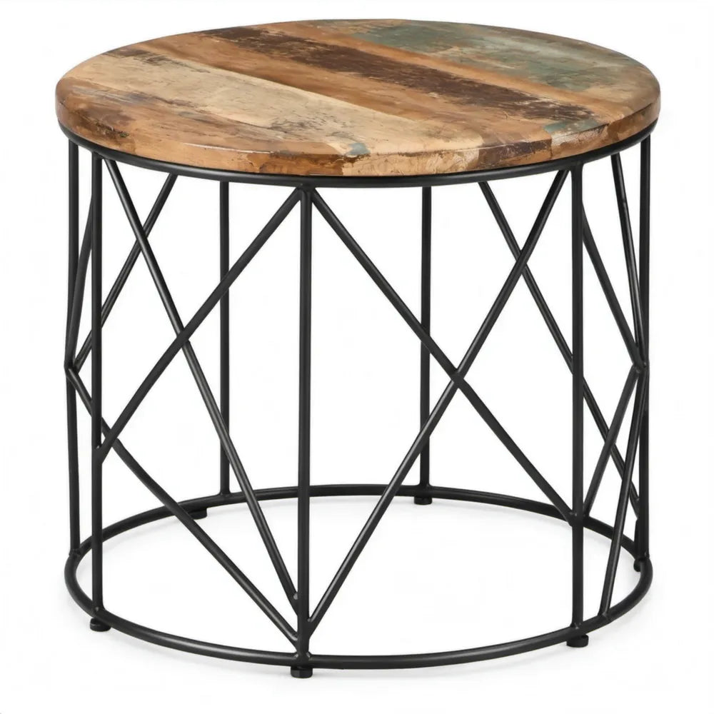 Ronde bijzettafel van gerecycled massief hout en staal, 60 x 60 x 45 cm, Bruin/Zwart