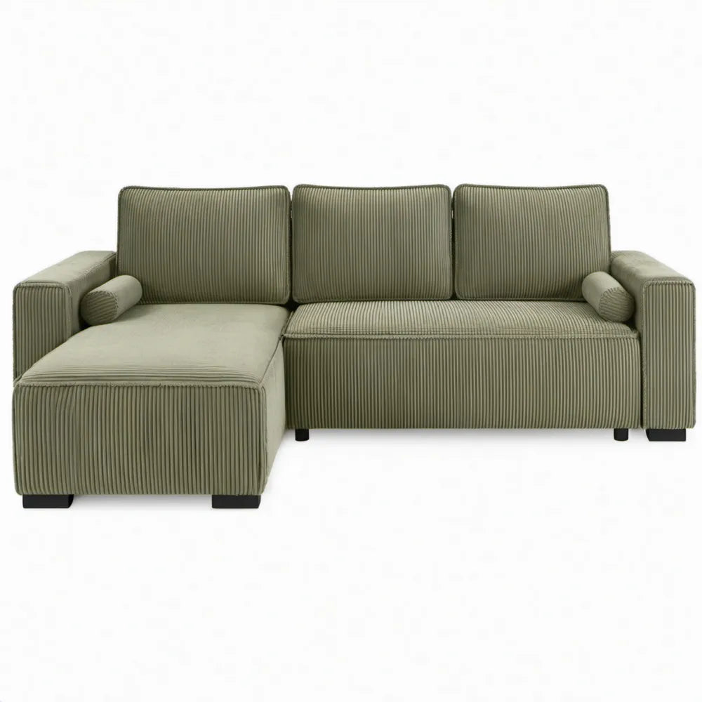 Olijfgroene geribde hoekbank met linker chaise longue, 230 x 150 cm